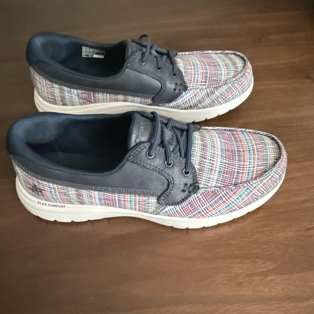 Skechers On-The-Go GOga Mat Comfort Plaid Navy Textile Lace-Up Sneaker 9.5